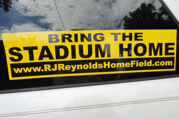 Bumper stickers promoting the construction of a stadium for Reynolds to have on its campus can be seen throughout the school parking lot. PHOTO BY MADISON WATTS