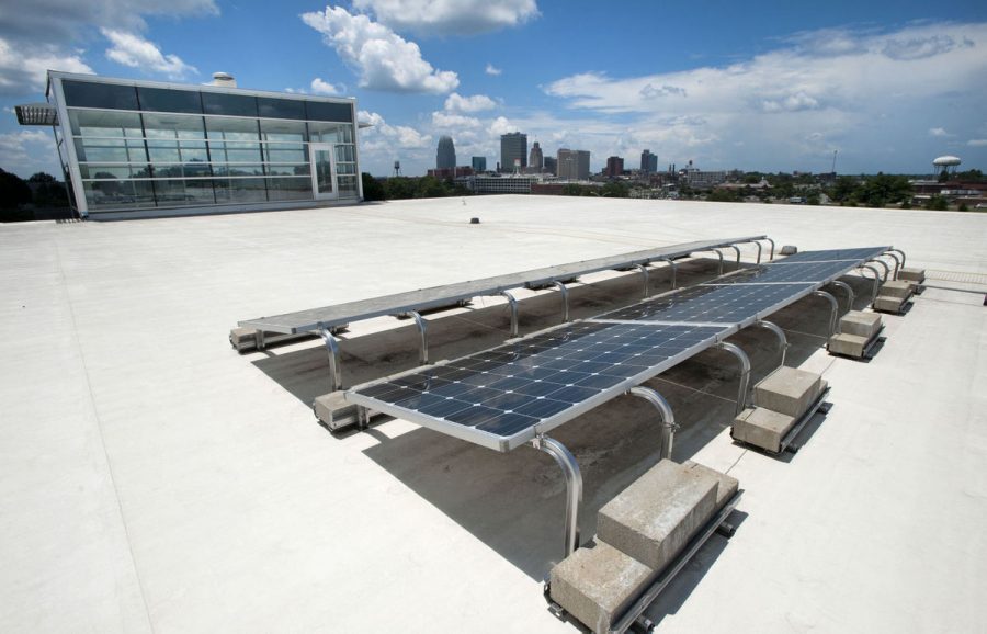 Solar panels atop The Career Centers South Building roof.