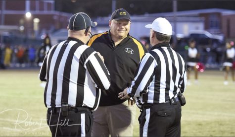 Photo provided by Robert Hill - Crowley talks to the refereess as he gets ready for the game against Mt. Tabor.