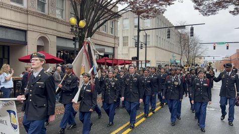 The Reynolds battalion marching and calling cadences during the downtown Veterans Parade.