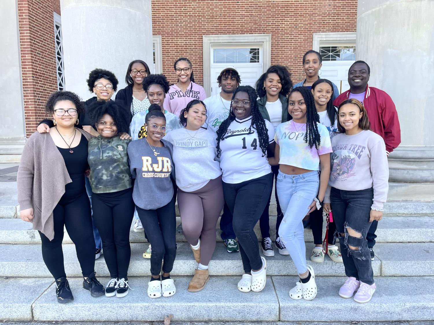 Ebony Society comes together on the steps of the Reynolds Auditorium.