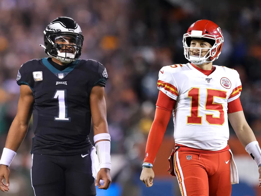 Eagles+QB+Jalen+Hurts+%28left%29+and+Chiefs+QB+Patrick+Mahomes+%28right%29+were+major+playmakers+in+the+game.%0A
