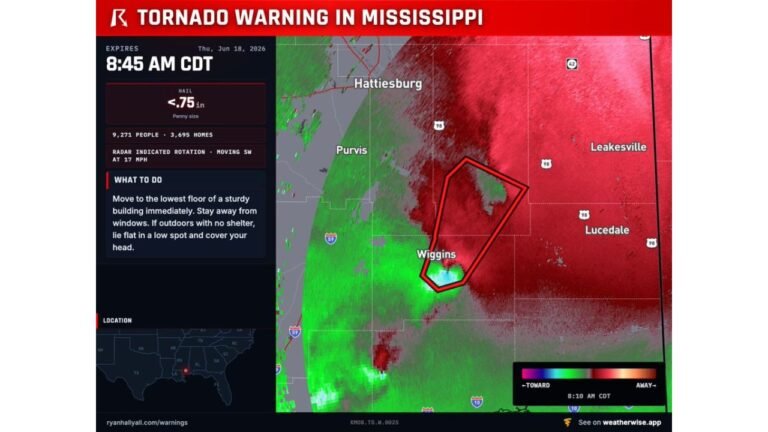 Extremely Dangerous PDS Tornado on the Ground Near Wiggins, Mississippi, 9,271 People in Direct Path