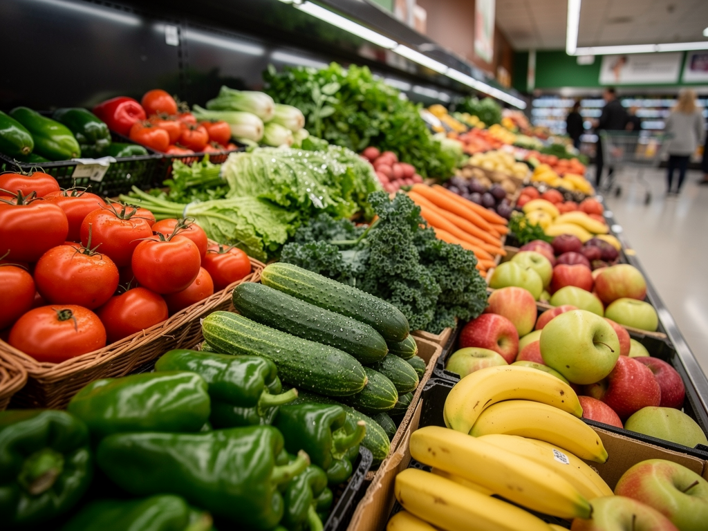 Fresh produce displayed in a grocery store aisle