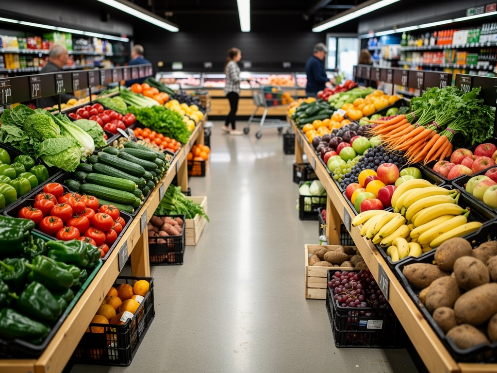 Fresh fruits and vegetables displayed in a grocery store produce aisle