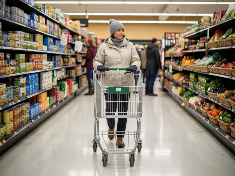 A shopper pushes a grocery cart past aisles of food in a Minnesota store