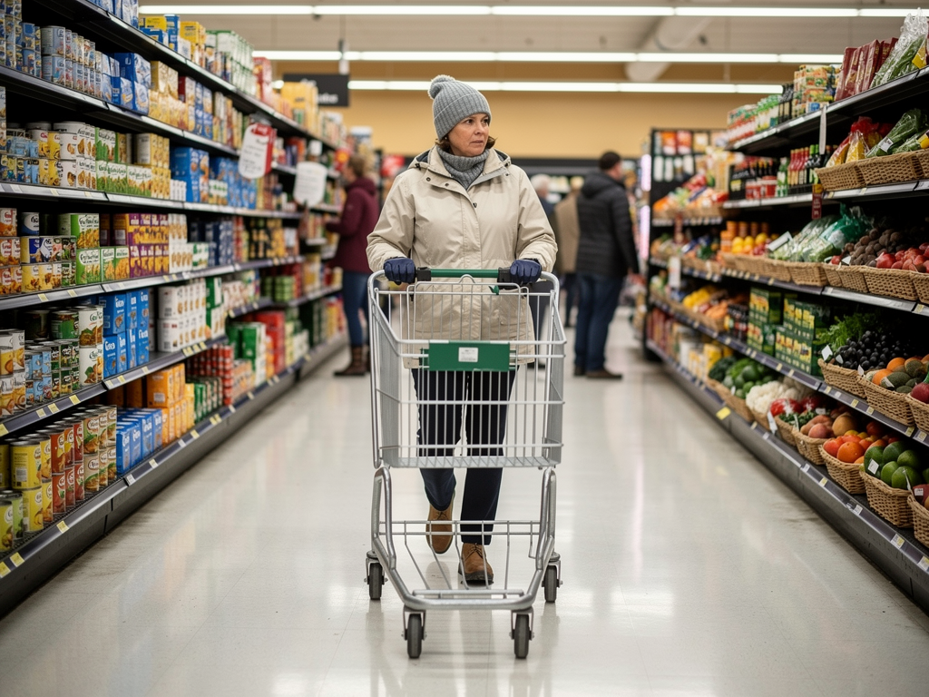 A shopper pushes a grocery cart past aisles of food in a Minnesota store